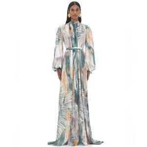 Andrea Iyamah Blue Tan Maxi Gown Mock Neck